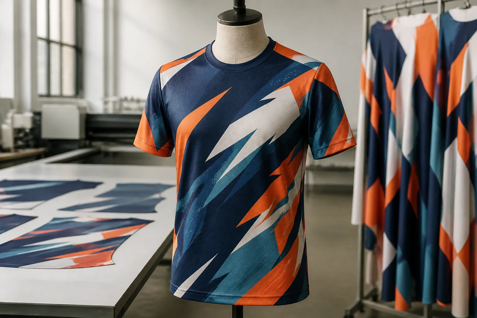 Vollsublimiertes Sportshirt mit durchgehendem Muster auf Vorderseite, Ärmeln und Seitenteilen in einer Textilproduktion